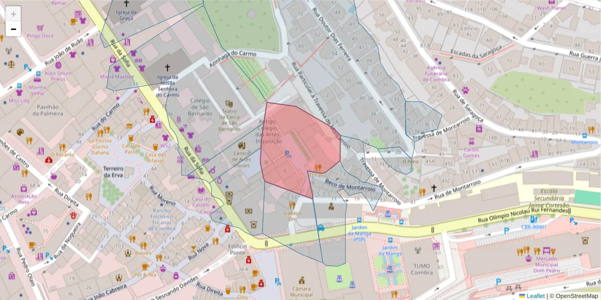 Mapa detalhado do código postal 3000-221 com limites, códigos postais vizinhos e agências dos correios