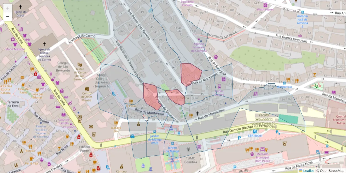 Mapa detalhado do código postal 3000-288 com limites, códigos postais vizinhos e agências dos correios