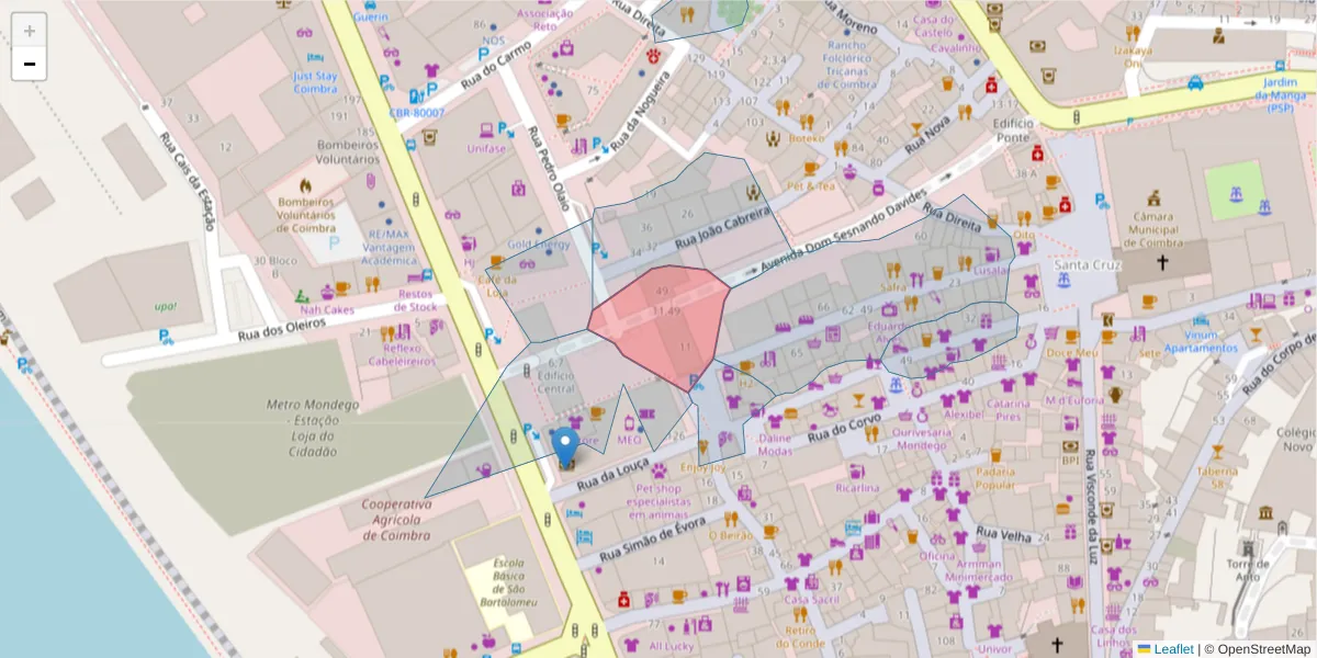 Mapa detalhado do código postal 3000-301 com limites, códigos postais vizinhos e agências dos correios