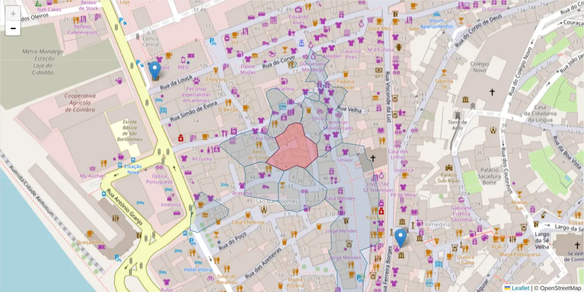 Mapa detalhado do código postal 3000-309 com limites, códigos postais vizinhos e agências dos correios