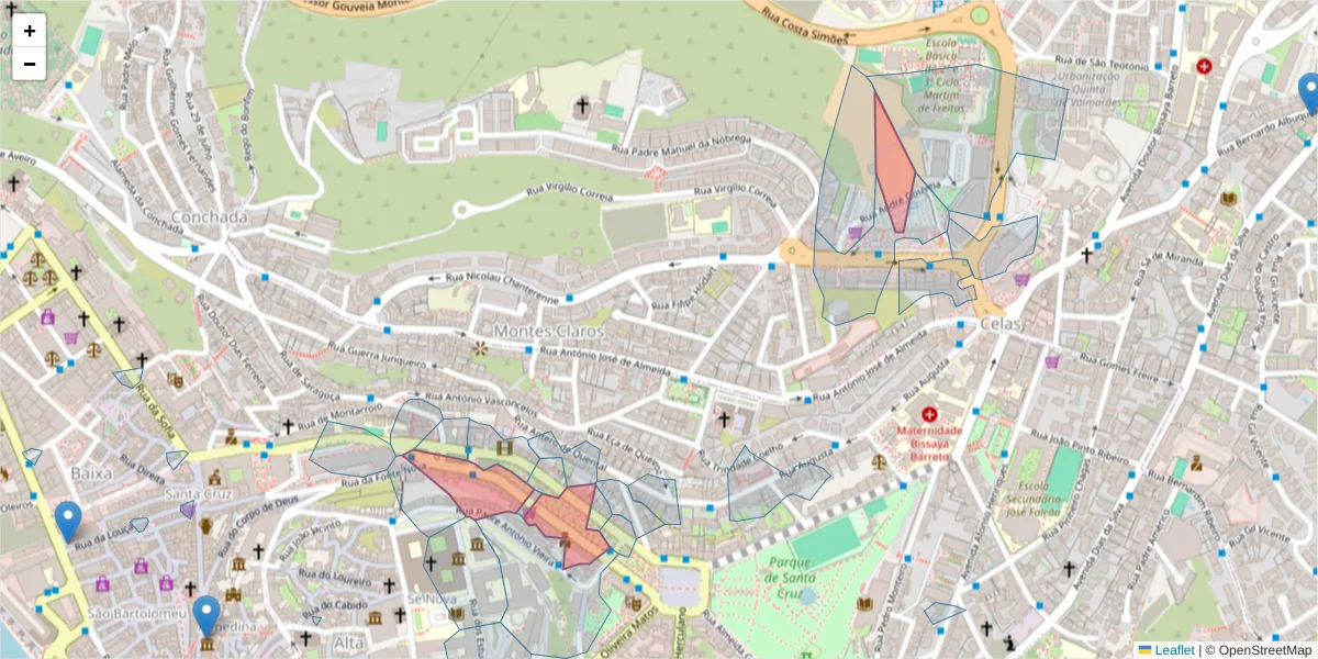 Mapa detalhado do código postal 3000-350 com limites, códigos postais vizinhos e agências dos correios