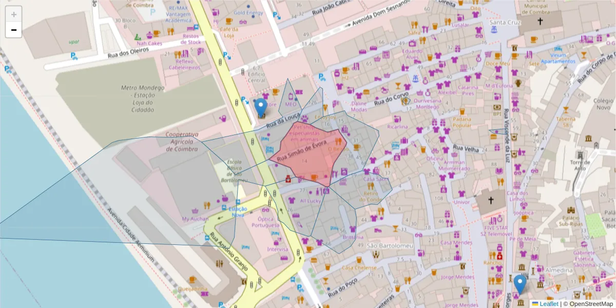 Mapa detalhado do código postal 3000-386 com limites, códigos postais vizinhos e agências dos correios