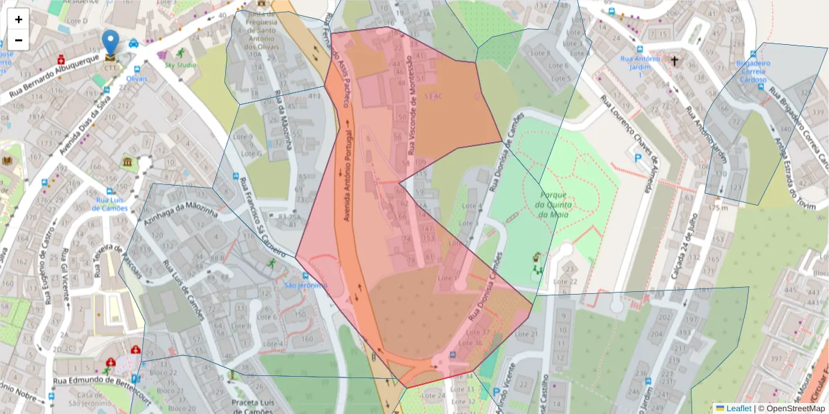 Mapa detalhado do código postal 3000-415 com limites, códigos postais vizinhos e agências dos correios