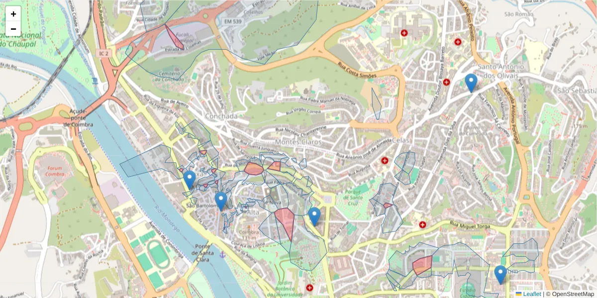Mapa detalhado do código postal 3000 com limites, códigos postais vizinhos e agências dos correios