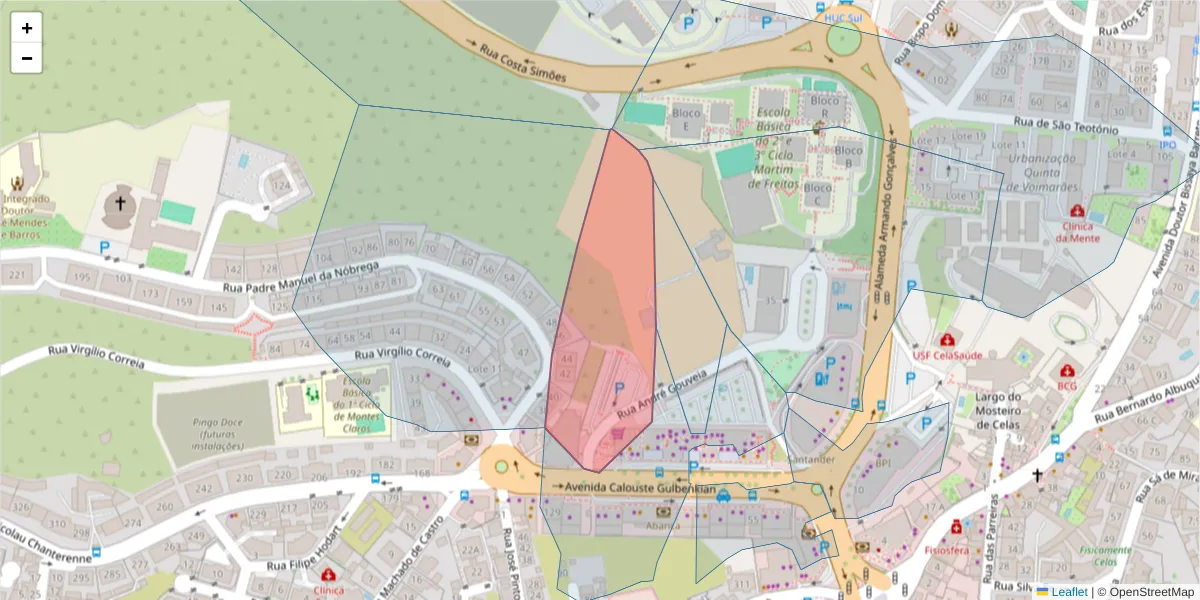 Mapa detalhado do código postal 3004-090 com limites, códigos postais vizinhos e agências dos correios