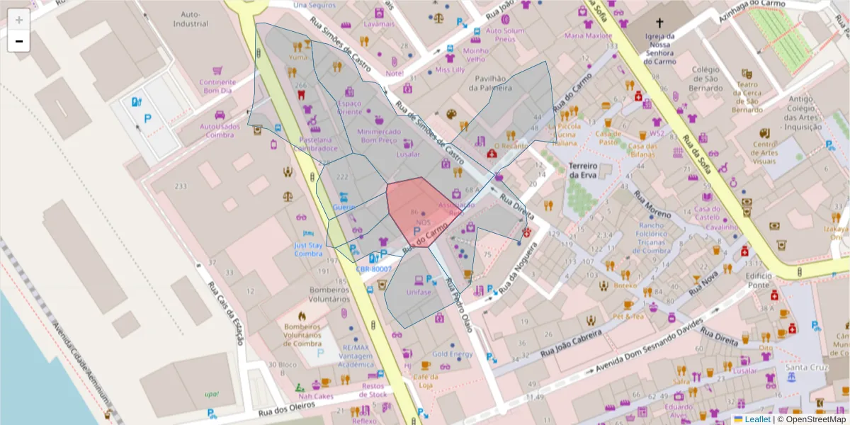 Mapa detalhado do código postal 3004-550 com limites, códigos postais vizinhos e agências dos correios