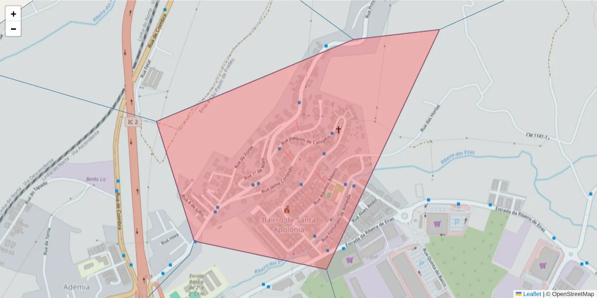 Mapa detalhado do código postal 3020-098 com limites, códigos postais vizinhos e agências dos correios