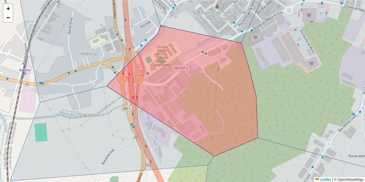Mapa detalhado do código postal 3020-324 com limites, códigos postais vizinhos e agências dos correios