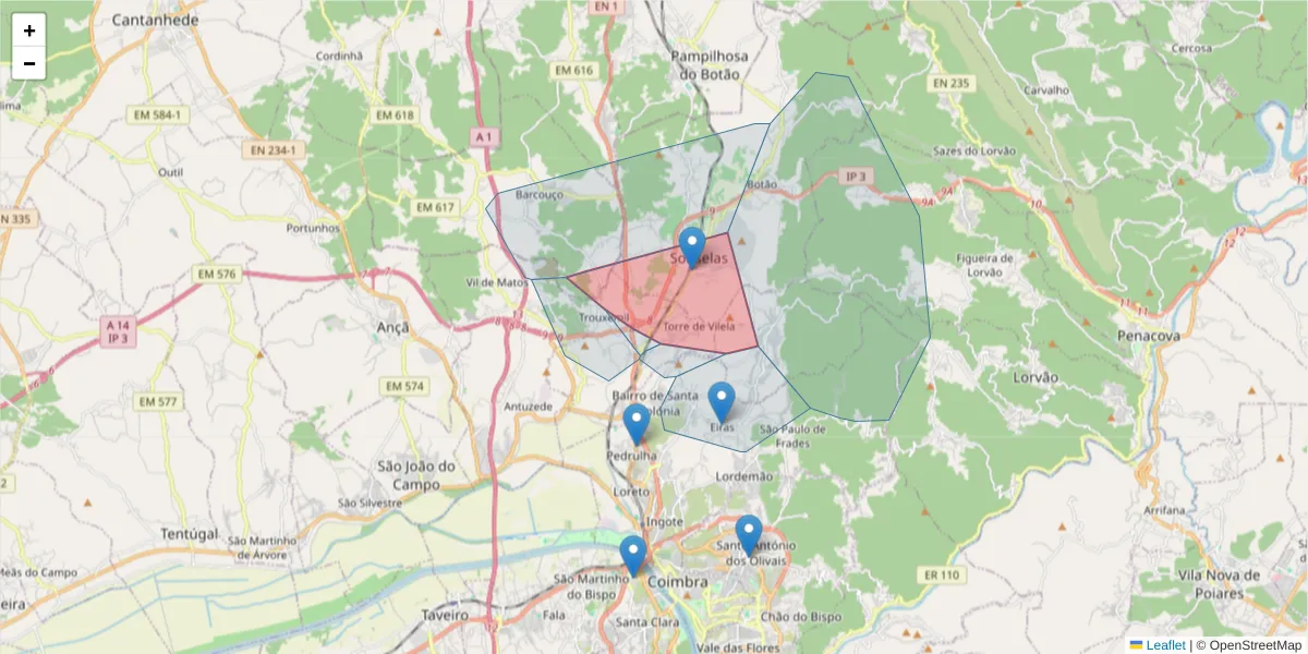 Mapa detalhado do código postal 3020-925 com limites, códigos postais vizinhos e agências dos correios