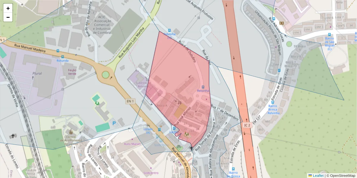 Mapa detalhado do código postal 3025-082 com limites, códigos postais vizinhos e agências dos correios