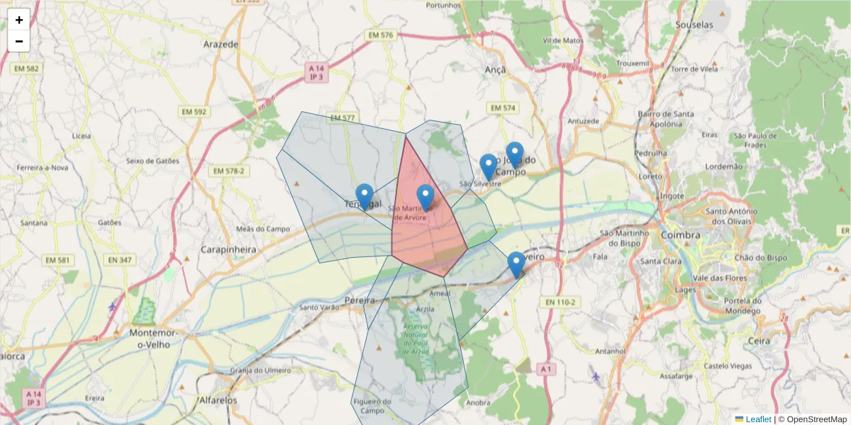 Mapa detalhado do código postal 3025-483 com limites, códigos postais vizinhos e agências dos correios