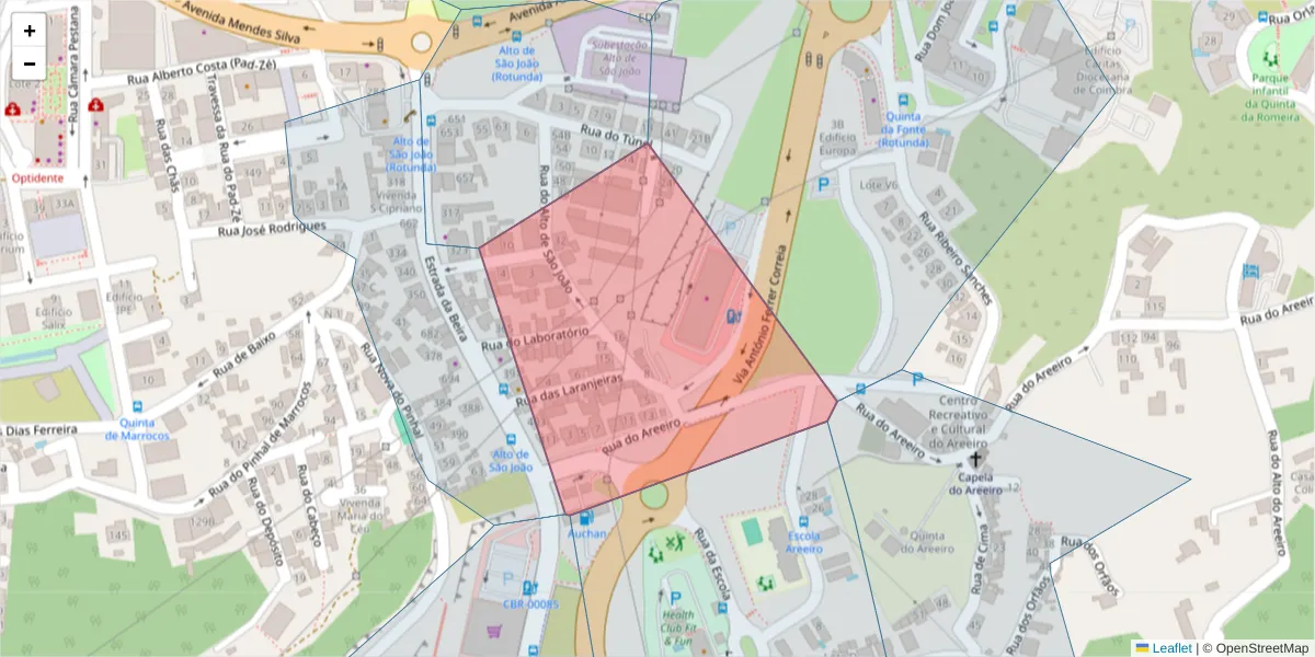 Mapa detalhado do código postal 3030-003 com limites, códigos postais vizinhos e agências dos correios