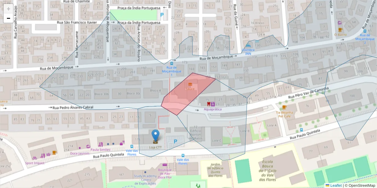 Mapa detalhado do código postal 3030-069 com limites, códigos postais vizinhos e agências dos correios