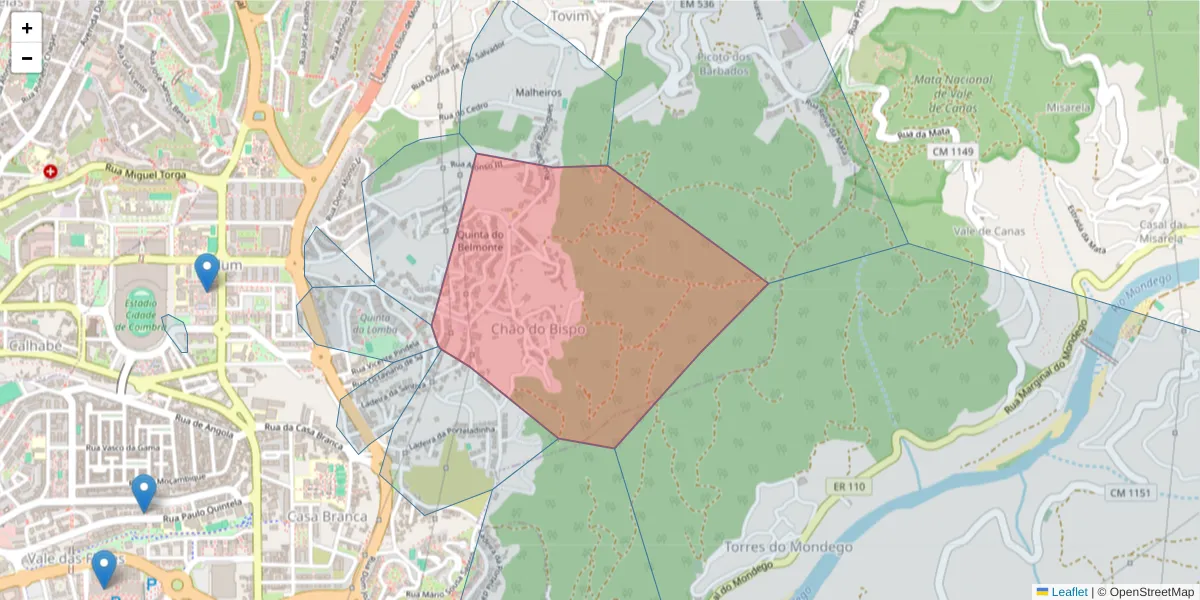 Mapa detalhado do código postal 3030-161 com limites, códigos postais vizinhos e agências dos correios