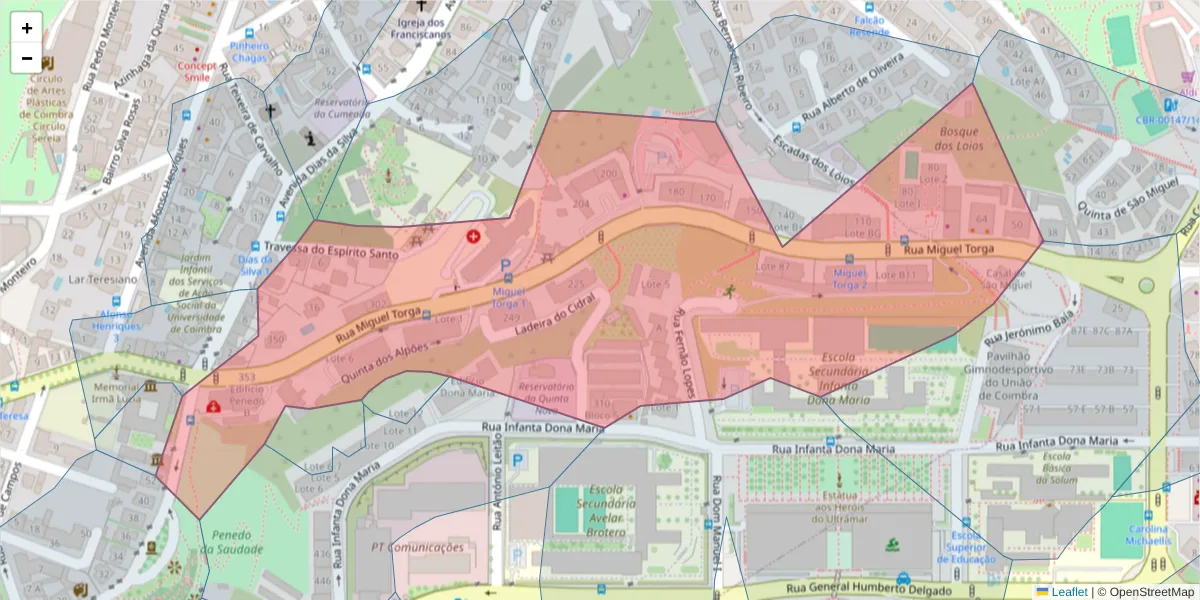 Mapa detalhado do código postal 3030-165 com limites, códigos postais vizinhos e agências dos correios