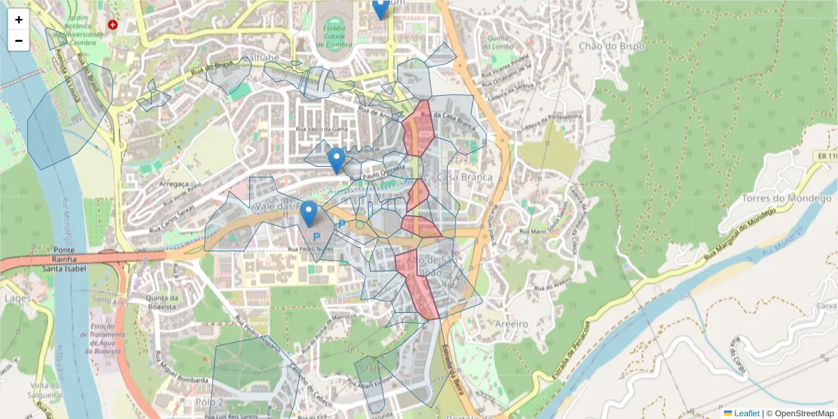 Mapa detalhado do código postal 3030-173 com limites, códigos postais vizinhos e agências dos correios