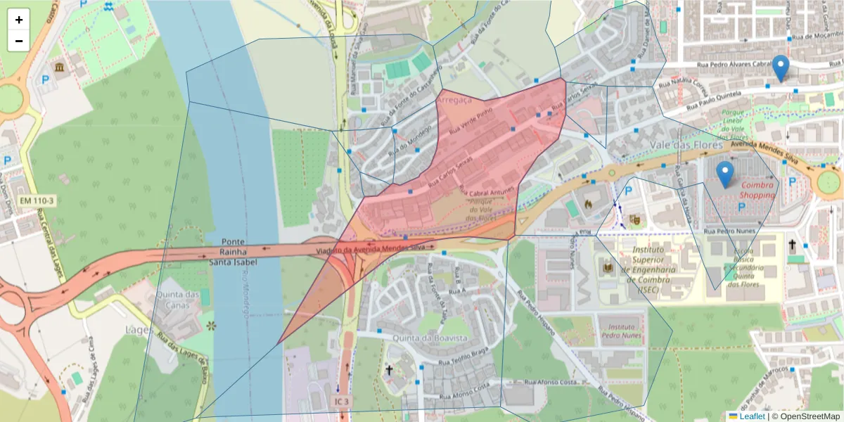 Mapa detalhado do código postal 3030-177 com limites, códigos postais vizinhos e agências dos correios