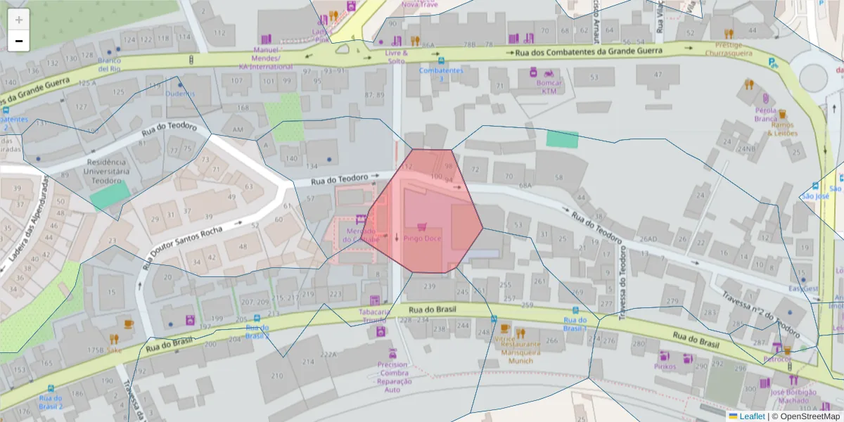 Mapa detalhado do código postal 3030-182 com limites, códigos postais vizinhos e agências dos correios