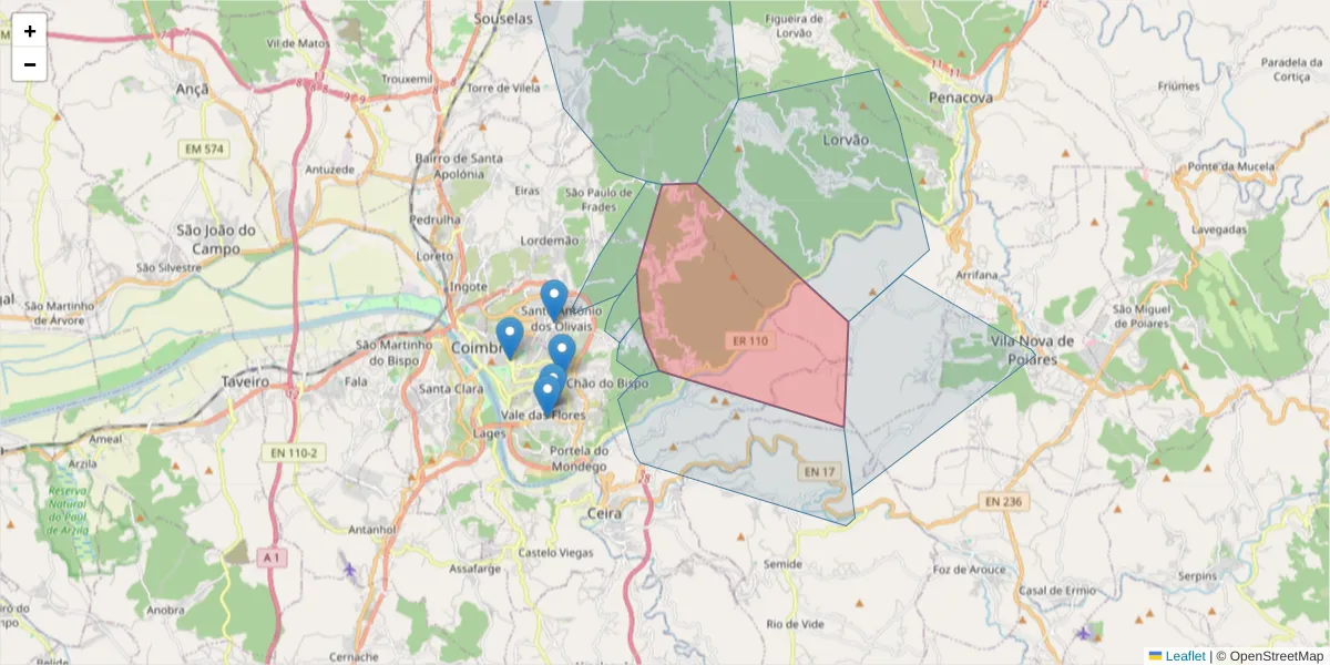Mapa detalhado do código postal 3030-195 com limites, códigos postais vizinhos e agências dos correios