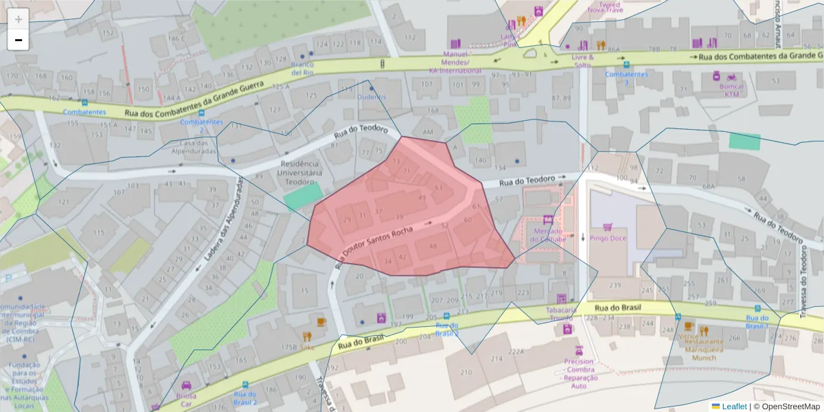 Mapa detalhado do código postal 3030-206 com limites, códigos postais vizinhos e agências dos correios