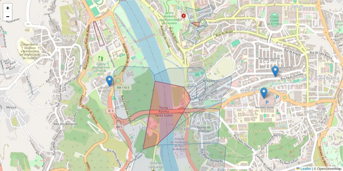 Mapa detalhado do código postal 3030-215 com limites, códigos postais vizinhos e agências dos correios