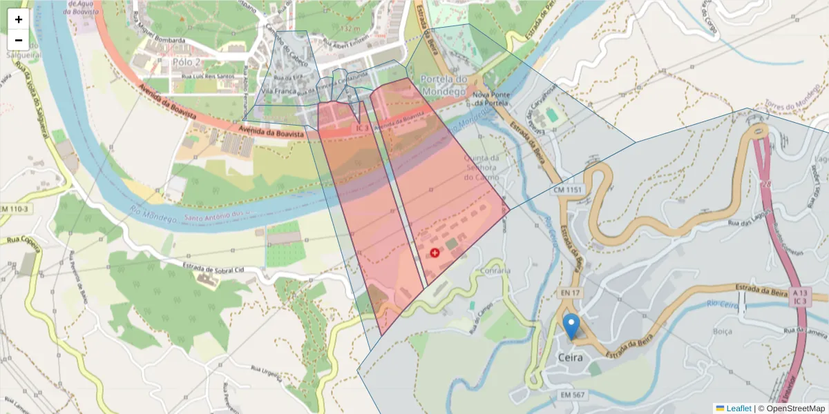 Mapa detalhado do código postal 3030-504 com limites, códigos postais vizinhos e agências dos correios