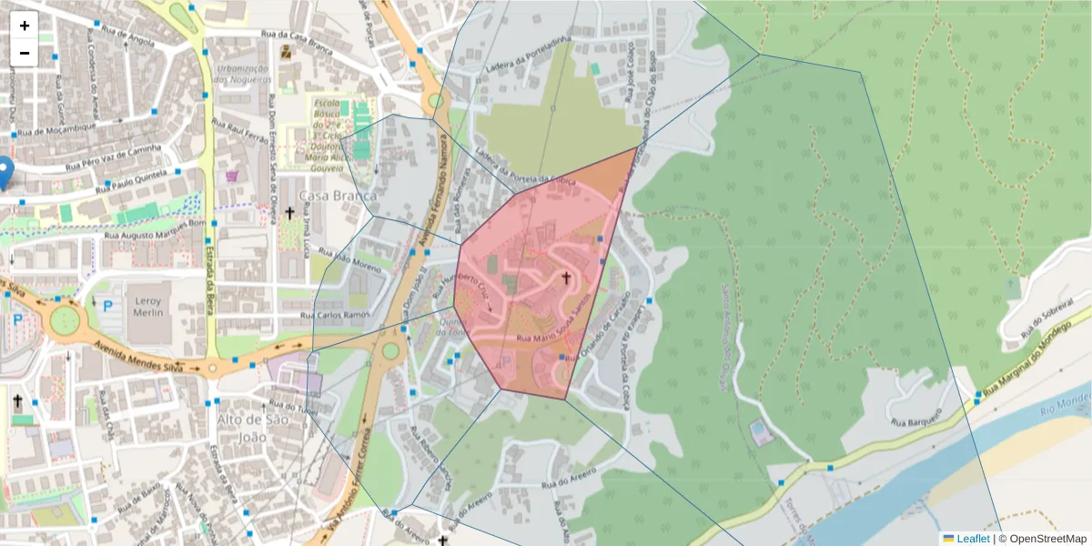 Mapa detalhado do código postal 3030-782 com limites, códigos postais vizinhos e agências dos correios