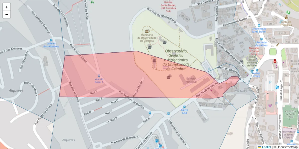 Mapa detalhado do código postal 3040-004 com limites, códigos postais vizinhos e agências dos correios