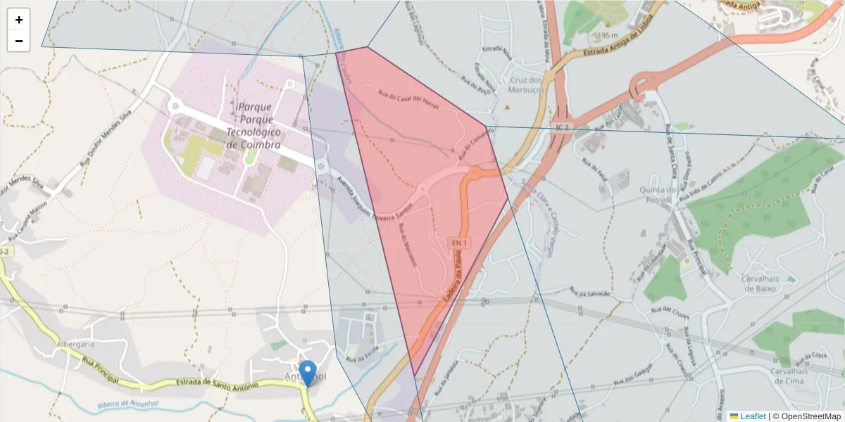 Mapa detalhado do código postal 3040-571 com limites, códigos postais vizinhos e agências dos correios
