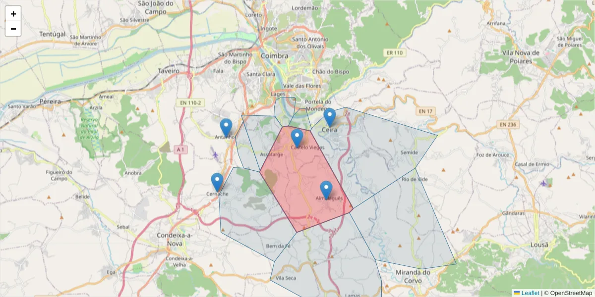 Mapa detalhado do código postal 3040-713 com limites, códigos postais vizinhos e agências dos correios