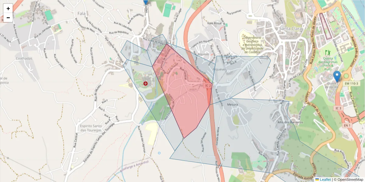 Mapa detalhado do código postal 3045-034 com limites, códigos postais vizinhos e agências dos correios