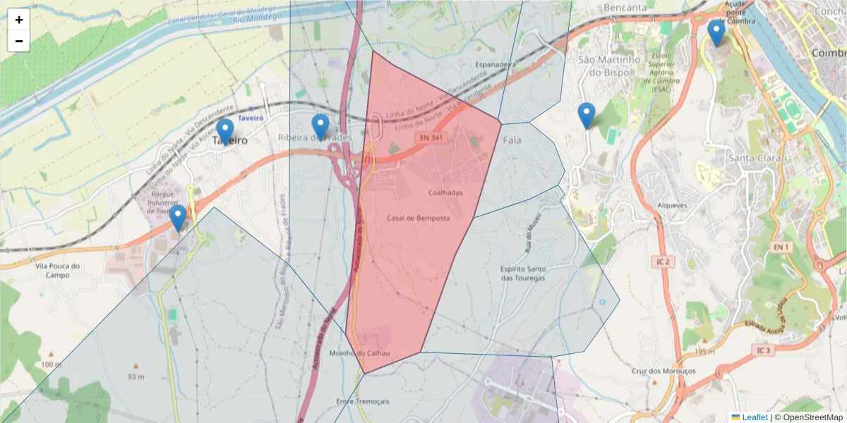 Mapa detalhado do código postal 3045-163 com limites, códigos postais vizinhos e agências dos correios
