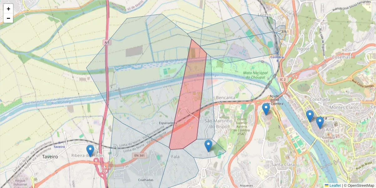 Mapa detalhado do código postal 3045-164 com limites, códigos postais vizinhos e agências dos correios