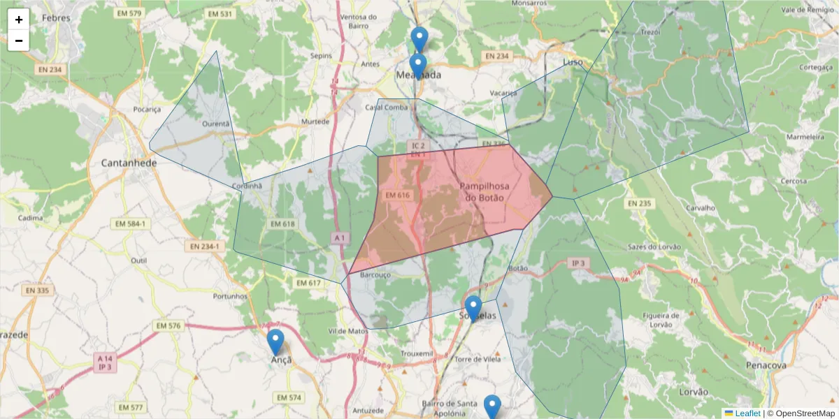 Mapa detalhado do código postal 3050-131 com limites, códigos postais vizinhos e agências dos correios