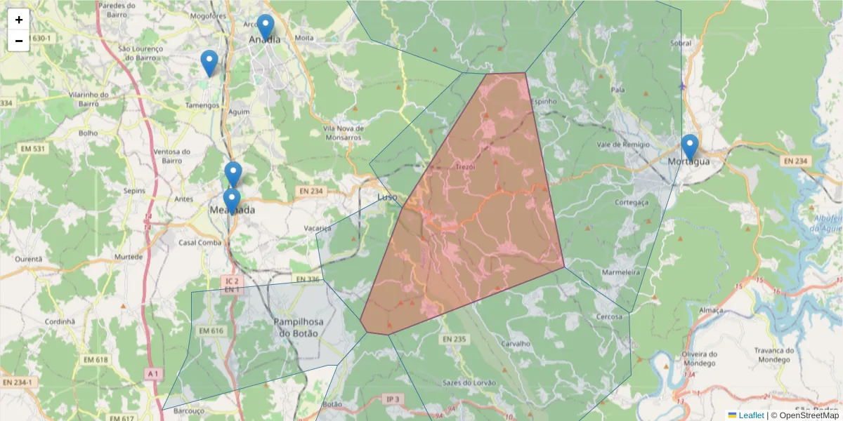 Mapa detalhado do código postal 3050-201 com limites, códigos postais vizinhos e agências dos correios