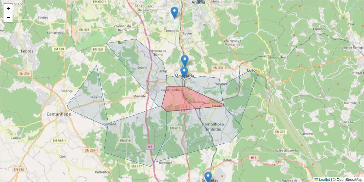 Mapa detalhado do código postal 3050-374 com limites, códigos postais vizinhos e agências dos correios