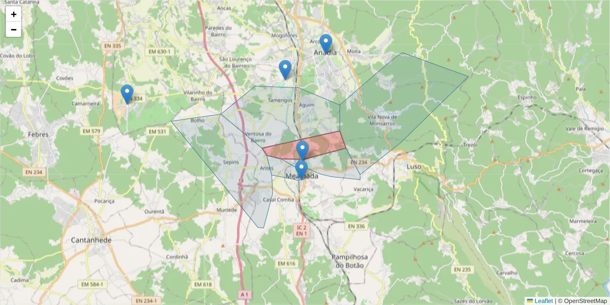 Mapa detalhado do código postal 3050-382 com limites, códigos postais vizinhos e agências dos correios