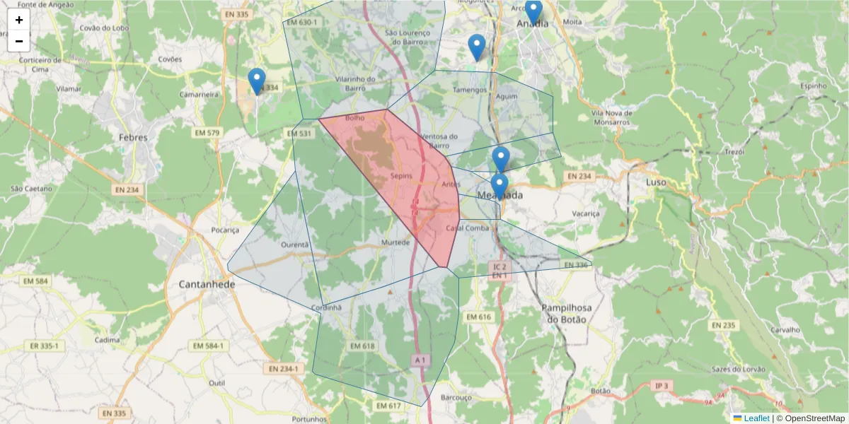 Mapa detalhado do código postal 3050-901 com limites, códigos postais vizinhos e agências dos correios