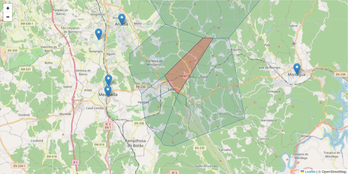 Mapa detalhado do código postal 3050 com limites, códigos postais vizinhos e agências dos correios