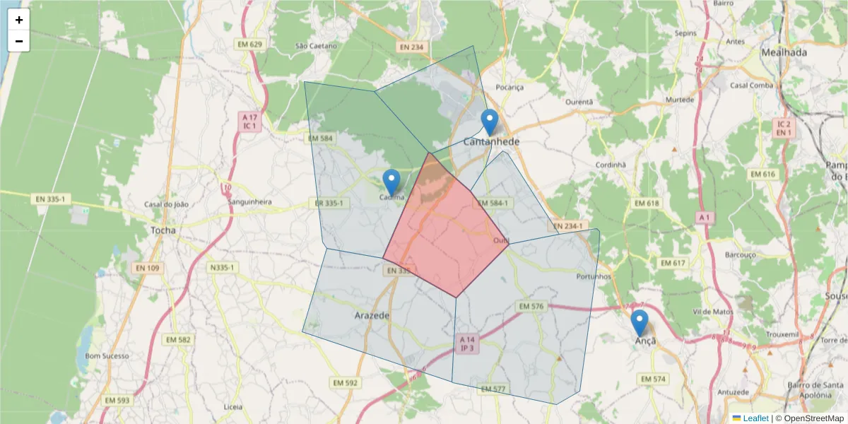 Mapa detalhado do código postal 3060-211 com limites, códigos postais vizinhos e agências dos correios