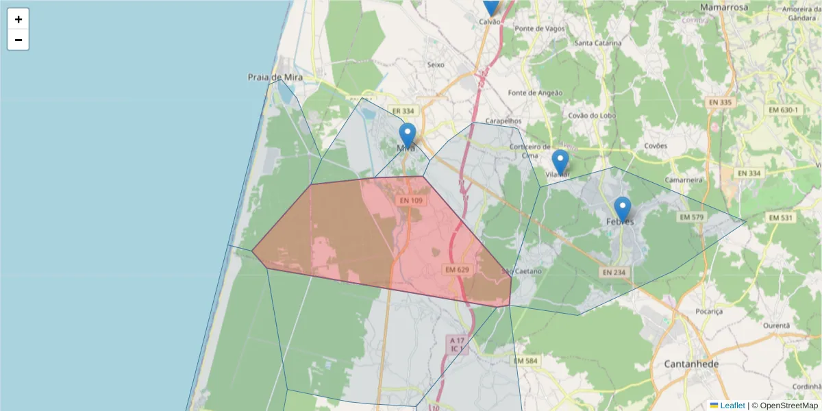 Mapa detalhado do código postal 3070-000 com limites, códigos postais vizinhos e agências dos correios