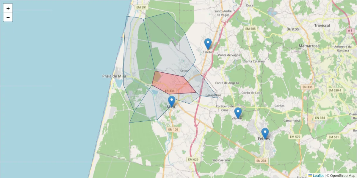 Mapa detalhado do código postal 3070-352 com limites, códigos postais vizinhos e agências dos correios