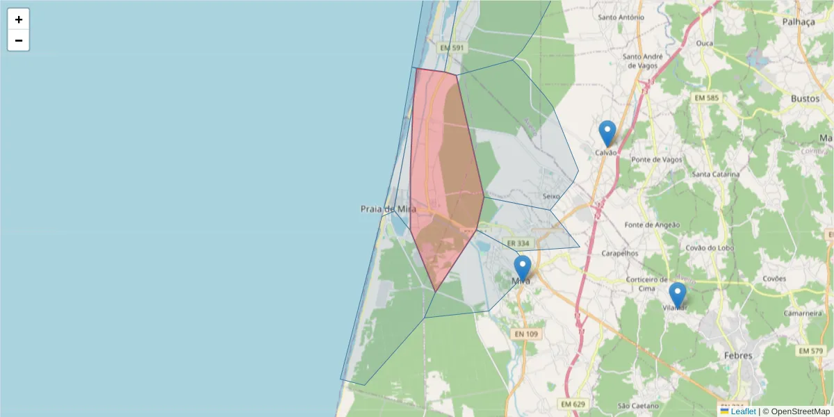 Mapa detalhado do código postal 3070-767 com limites, códigos postais vizinhos e agências dos correios