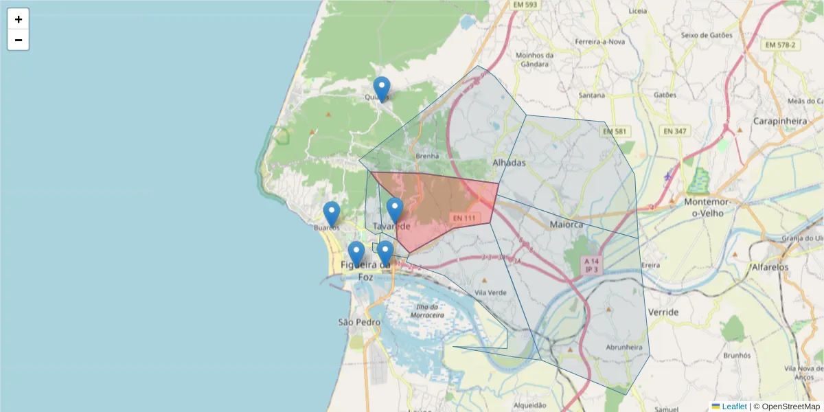 Mapa detalhado do código postal 3080-000 com limites, códigos postais vizinhos e agências dos correios