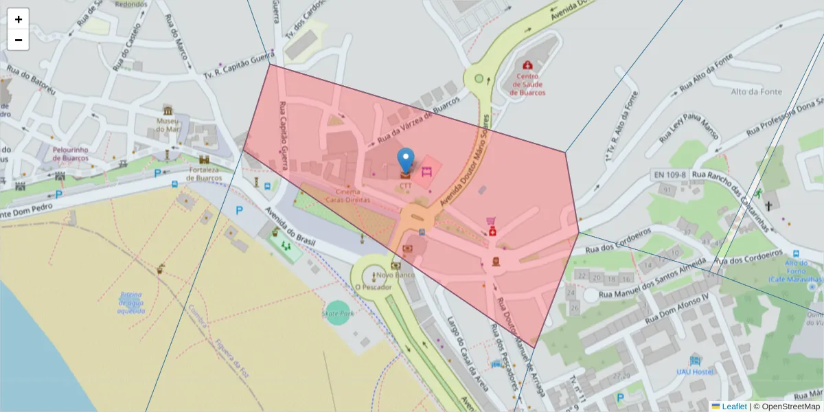Mapa detalhado do código postal 3080-008 com limites, códigos postais vizinhos e agências dos correios