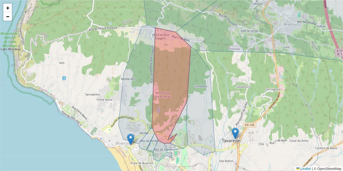 Mapa detalhado do código postal 3080-216 com limites, códigos postais vizinhos e agências dos correios