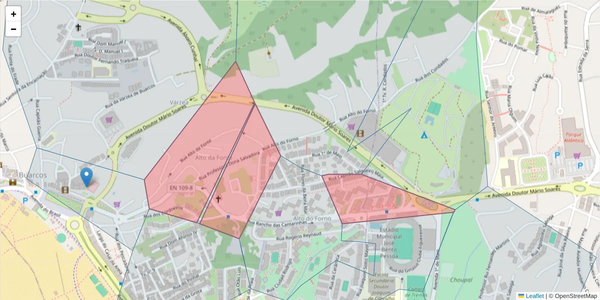 Mapa detalhado do código postal 3080-250 com limites, códigos postais vizinhos e agências dos correios