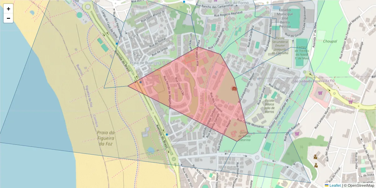 Mapa detalhado do código postal 3080-345 com limites, códigos postais vizinhos e agências dos correios