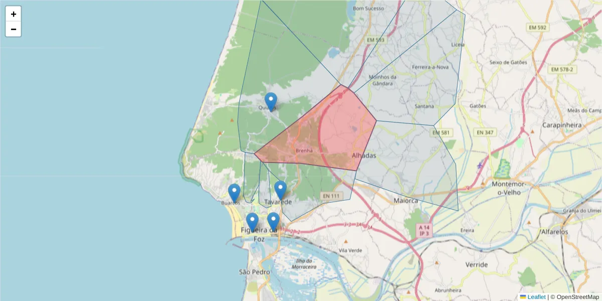 Mapa detalhado do código postal 3080-437 com limites, códigos postais vizinhos e agências dos correios