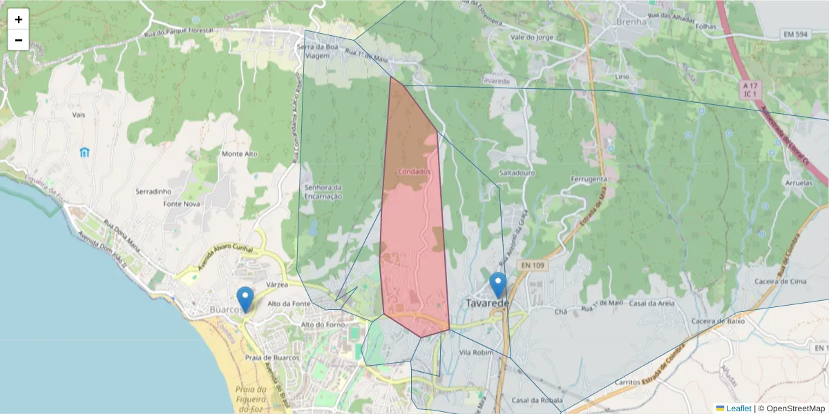 Mapa detalhado do código postal 3080-510 com limites, códigos postais vizinhos e agências dos correios